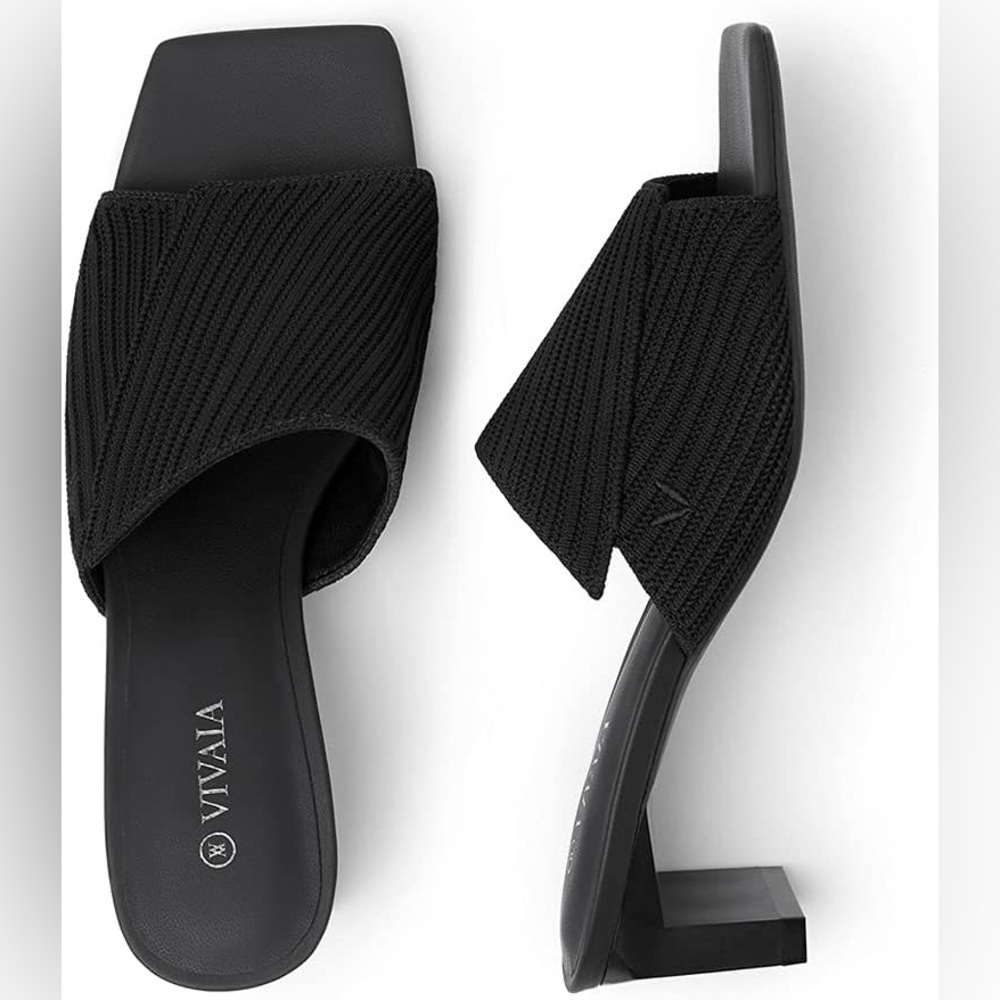 Vivaia Jade Knit Square Toe Heeled Slip On Slide Sandals in Black Sz 41 US 9.5